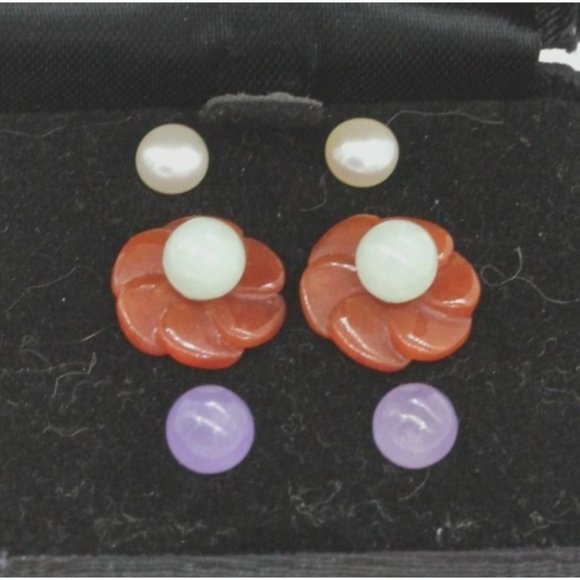 6 pairs 925 STERLING GSI Hong Kong, pearl, jade earring set vintage in case - Picture 2 of 8